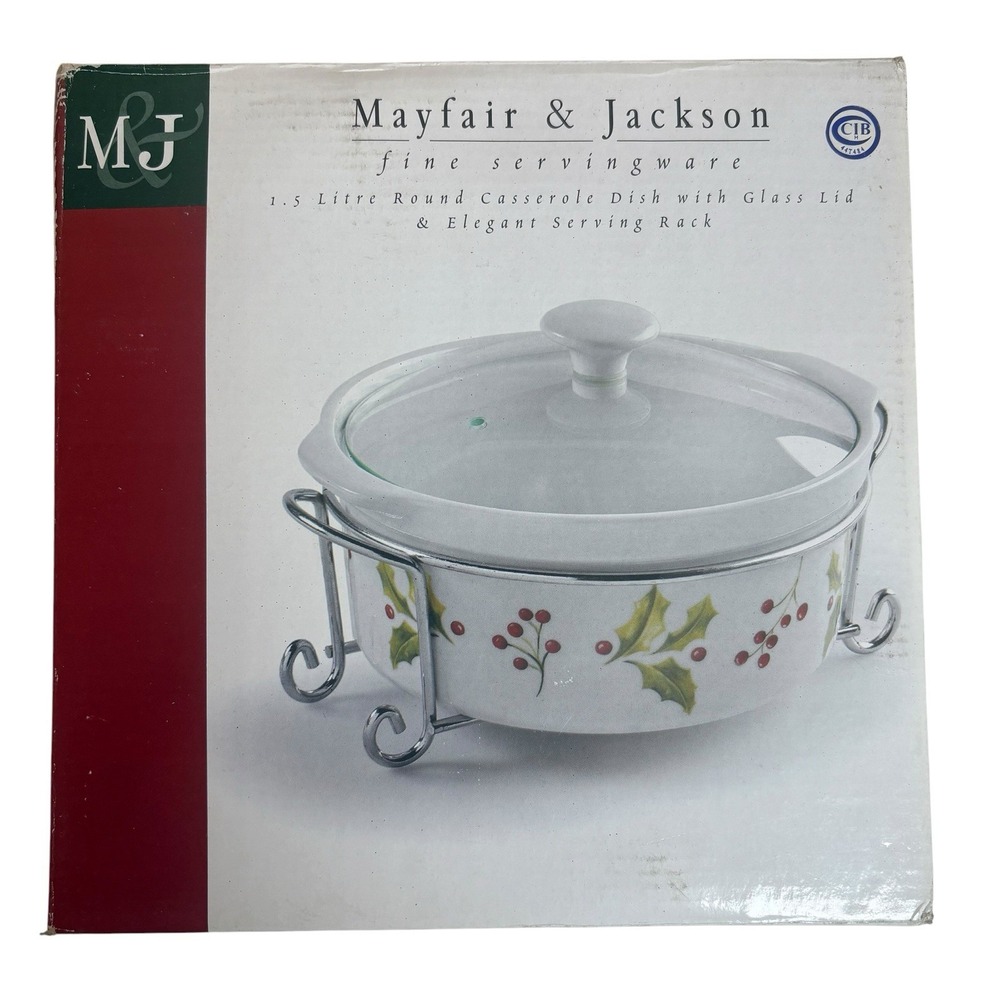 Christmas Holly 8" Dia. 1.5 Liter Casserole Dish with Cover & Serving Rack